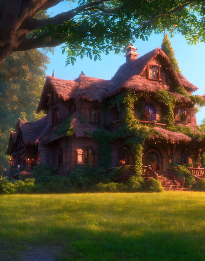 Fairytale Cottage in Lush Greenery with Twilight Glow