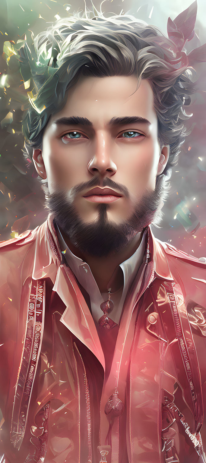 Illustrated man with blue eyes, styled hair, beard, red jacket, intricate designs, glowing leaves