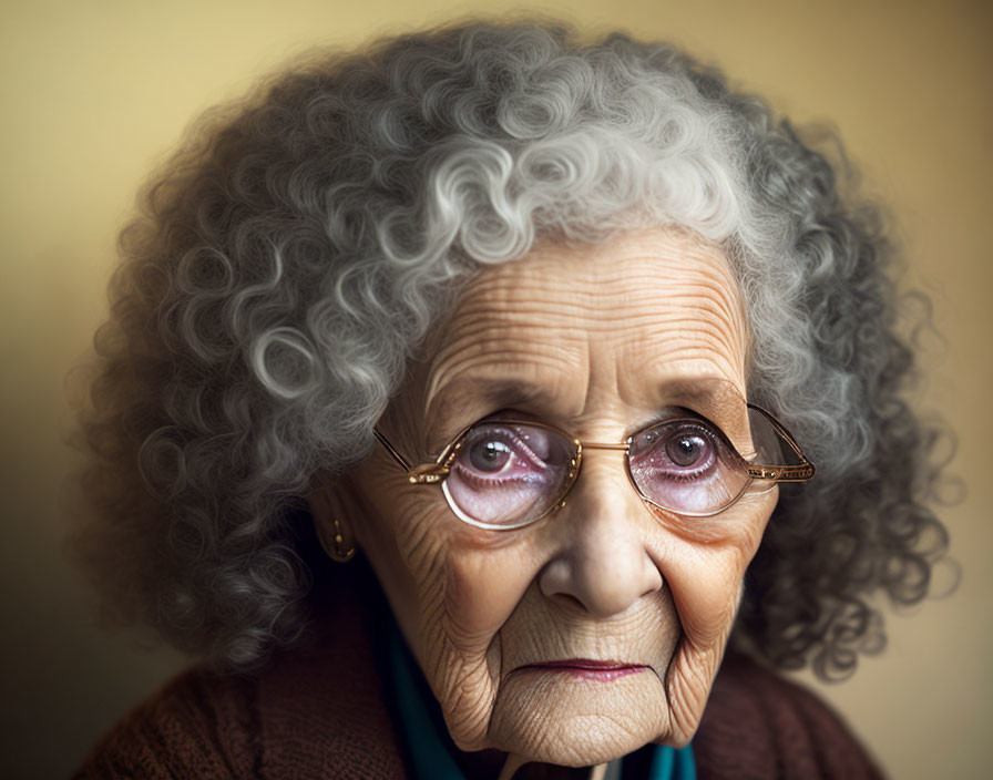 Elderly lady with curly gray hair and round glasses portrait