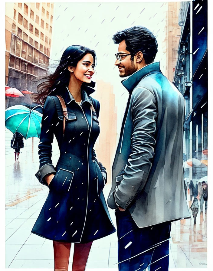 Man and woman smiling under blue umbrella on rainy city street