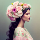 Woman with Floral Crown and Wavy Hair on Soft Green Background