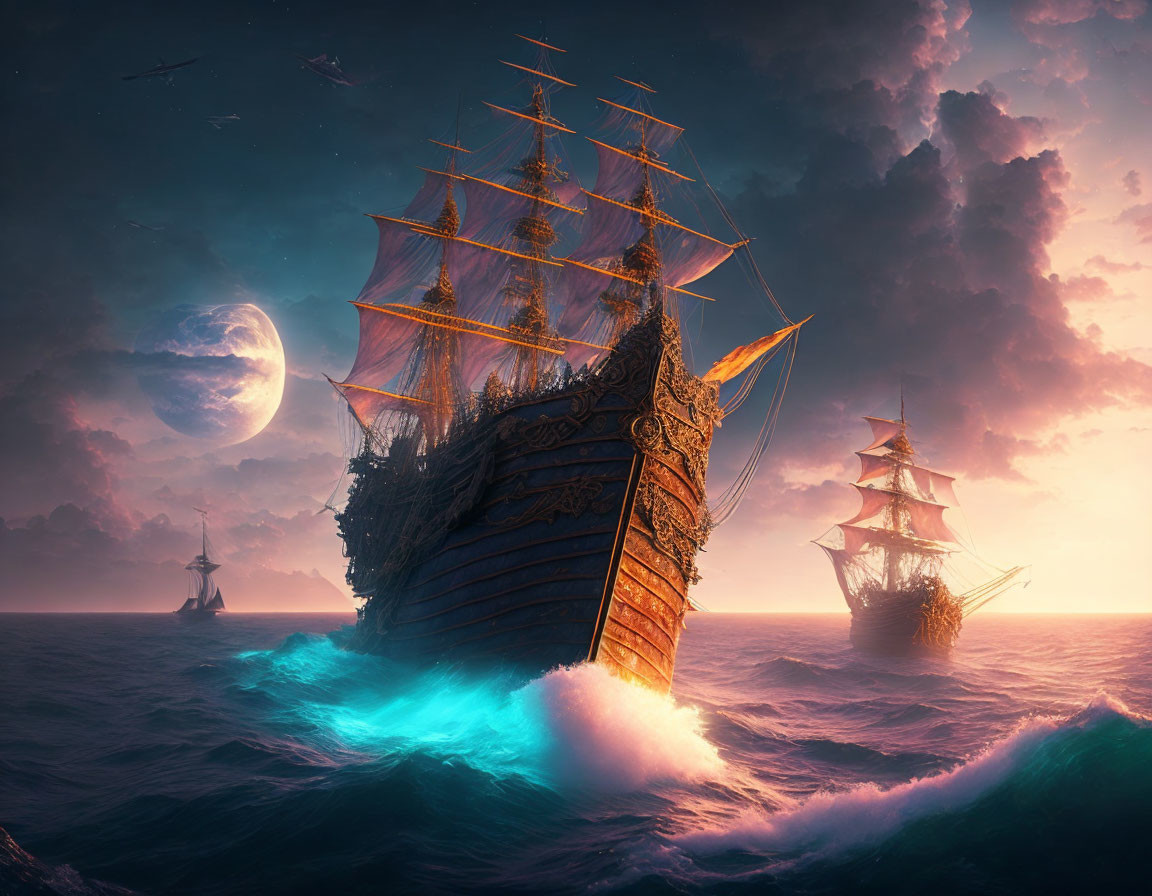 Majestic sailing ships in bioluminescent waters at sunset with moon and birds