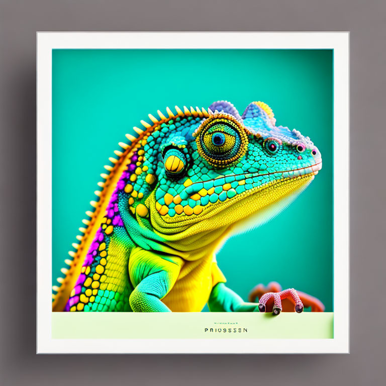 Colorful chameleon close-up on green background with white border in black frame