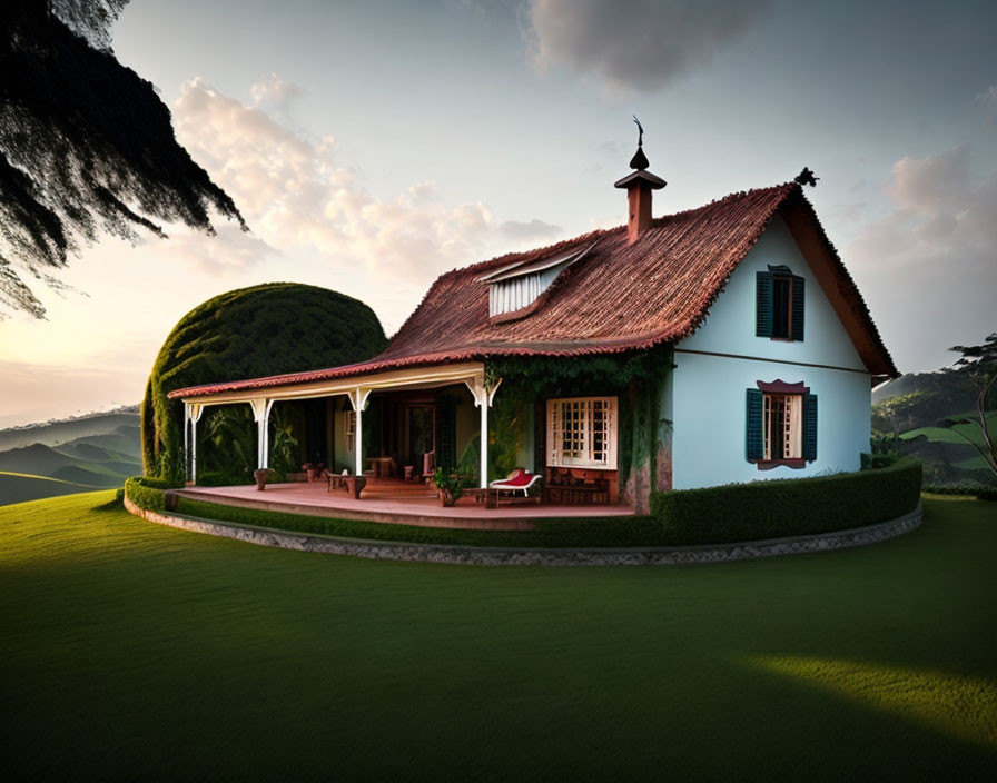 Rural house with red roof, blue shutters, lush landscape, serene sky