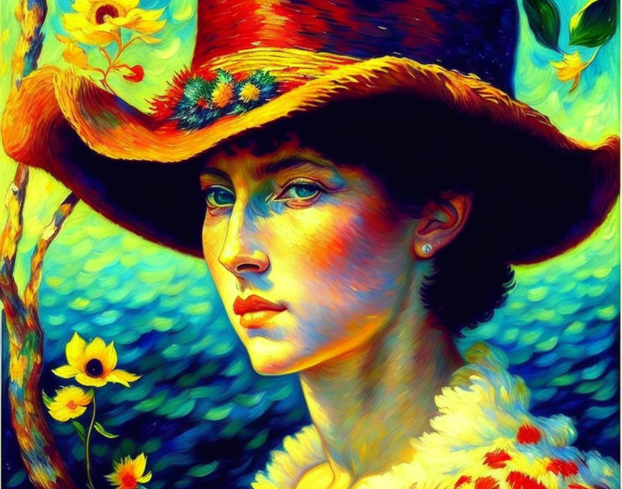 Vivid portrait of a woman with flowery hat and striking blue eyes