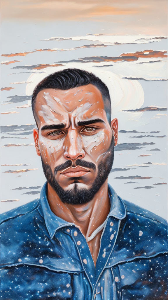 Bearded Man in Starry Denim Shirt Against Cloudy Sky