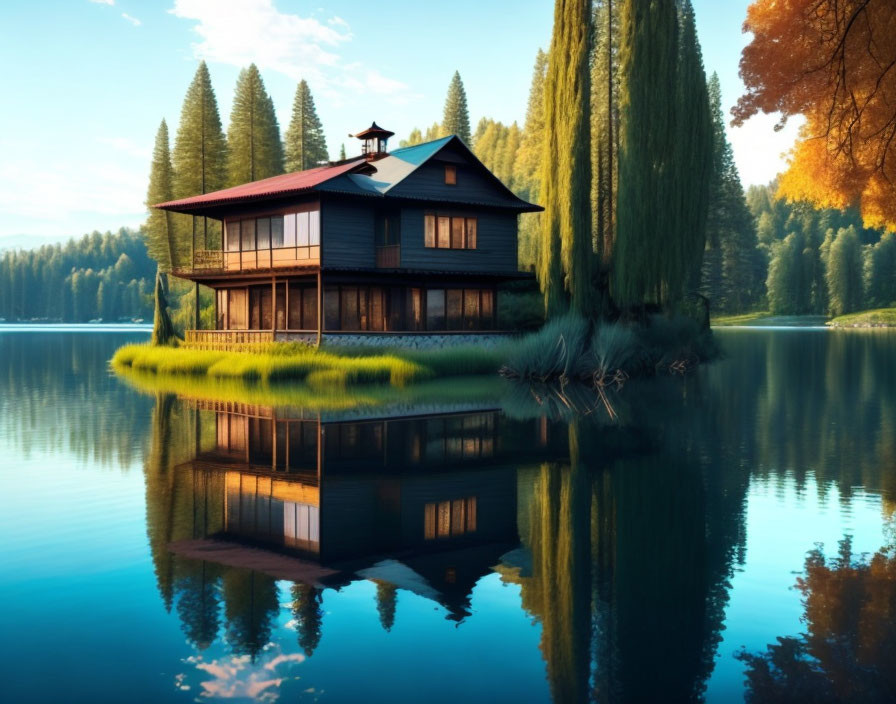 Tranquil lakeside house with tree reflections at golden hour