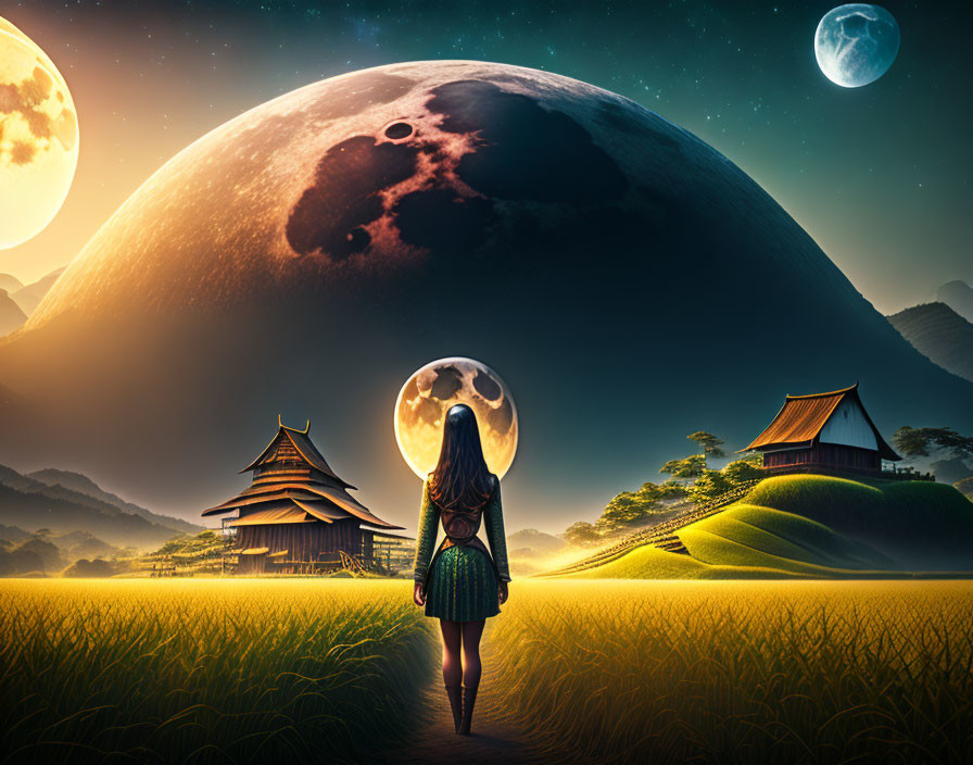 Surreal landscape with moons, houses, glowing field, and sunset sky