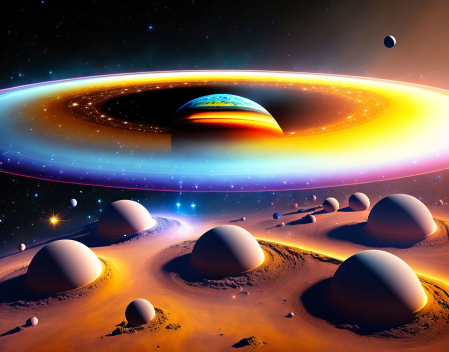 Colorful cosmic scene with planets, ringed giant, and alien landscape.