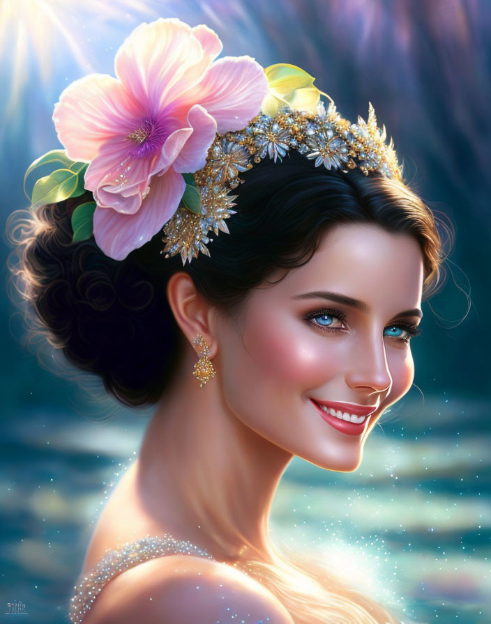 Radiant woman with blue eyes, floral tiara, and jewels on shimmering backdrop