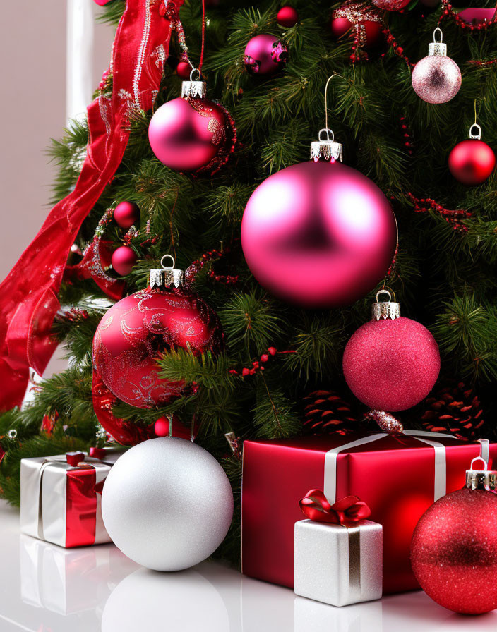 Festively Decorated Christmas Tree with Red and Pink Baubles