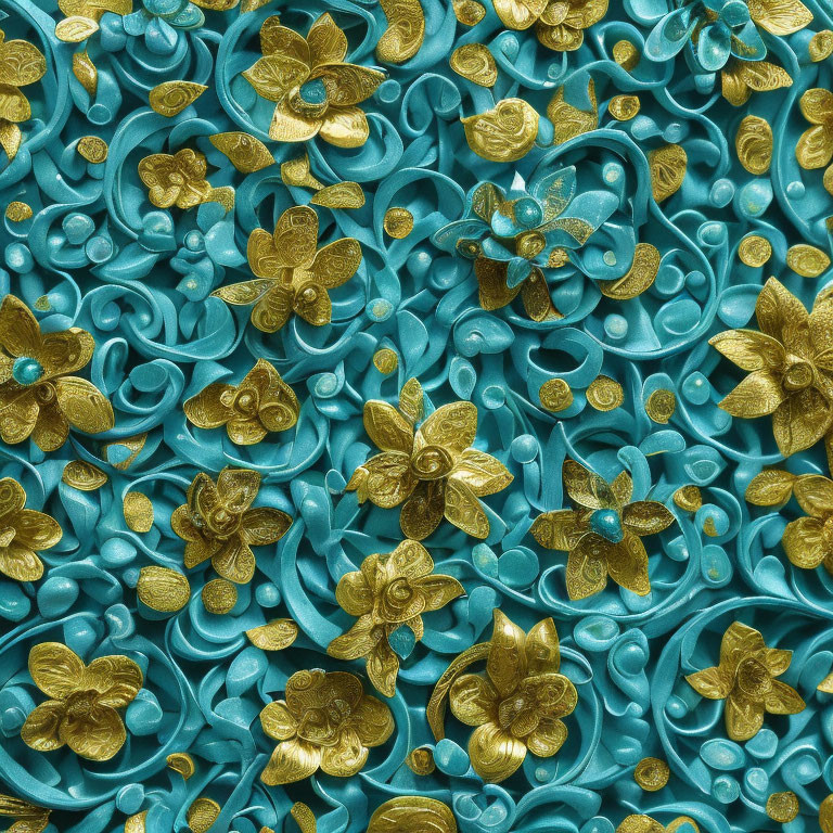 Teal and Gold Floral Pattern Close-Up Texture