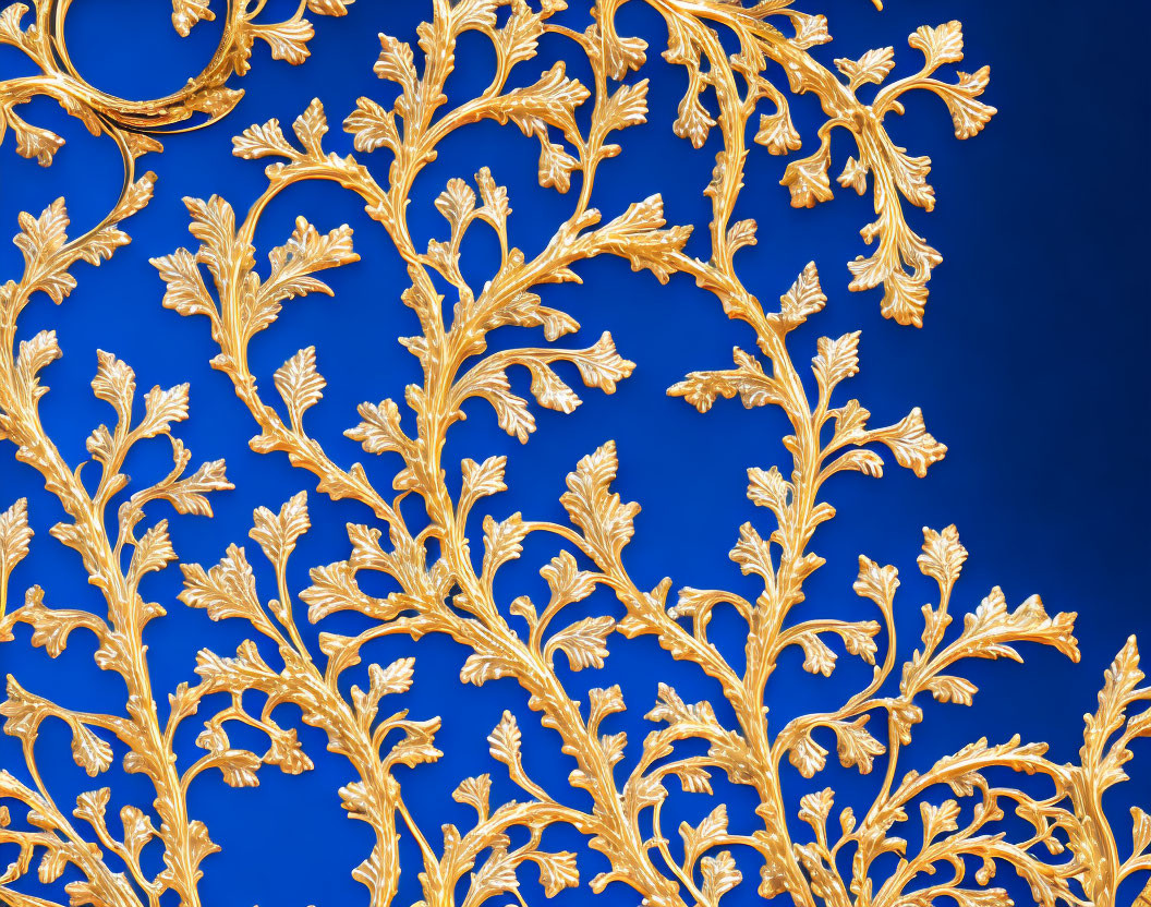 Detailed Golden Floral Patterns on Vivid Blue Background