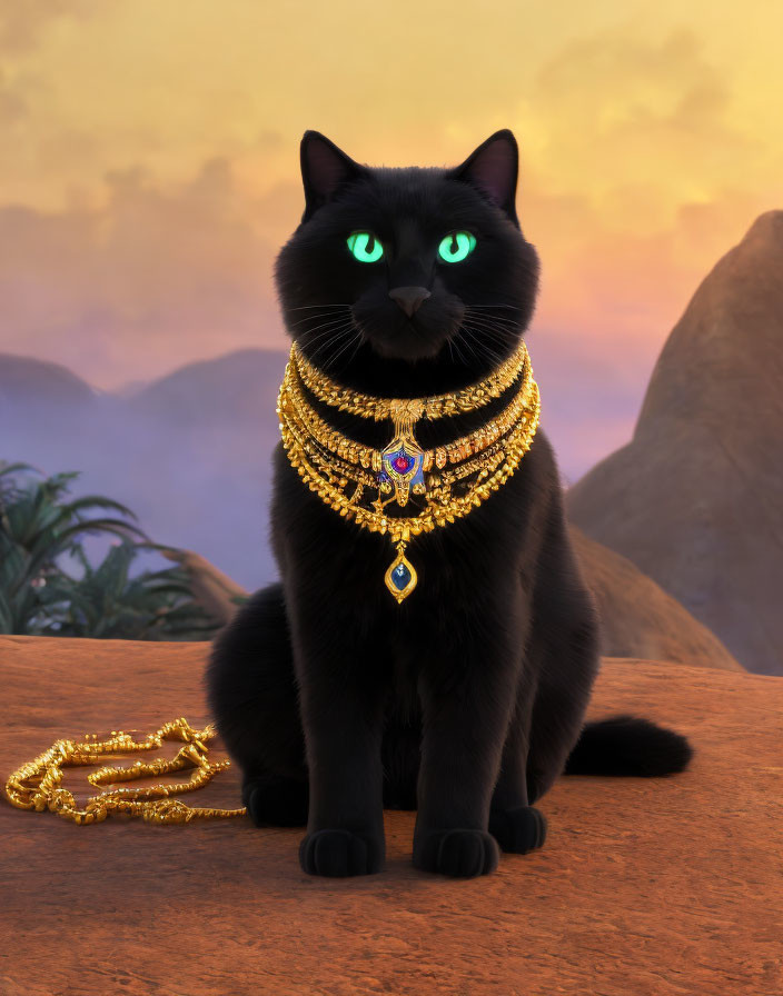 Black Cat with Green Eyes Wearing Gold Jewelry in Twilight Sky