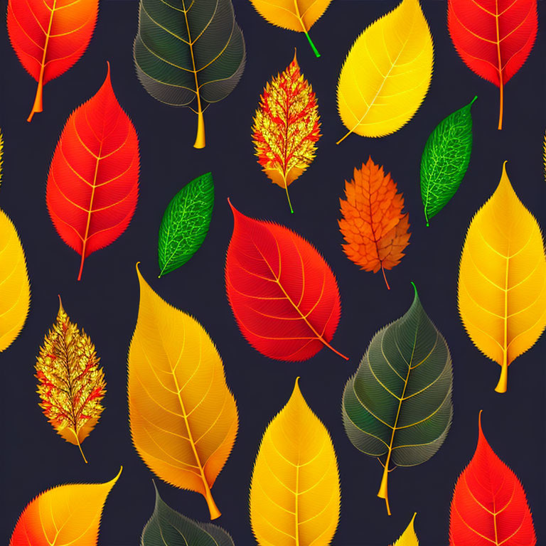 Vibrant autumn leaves with intricate vein patterns on dark background