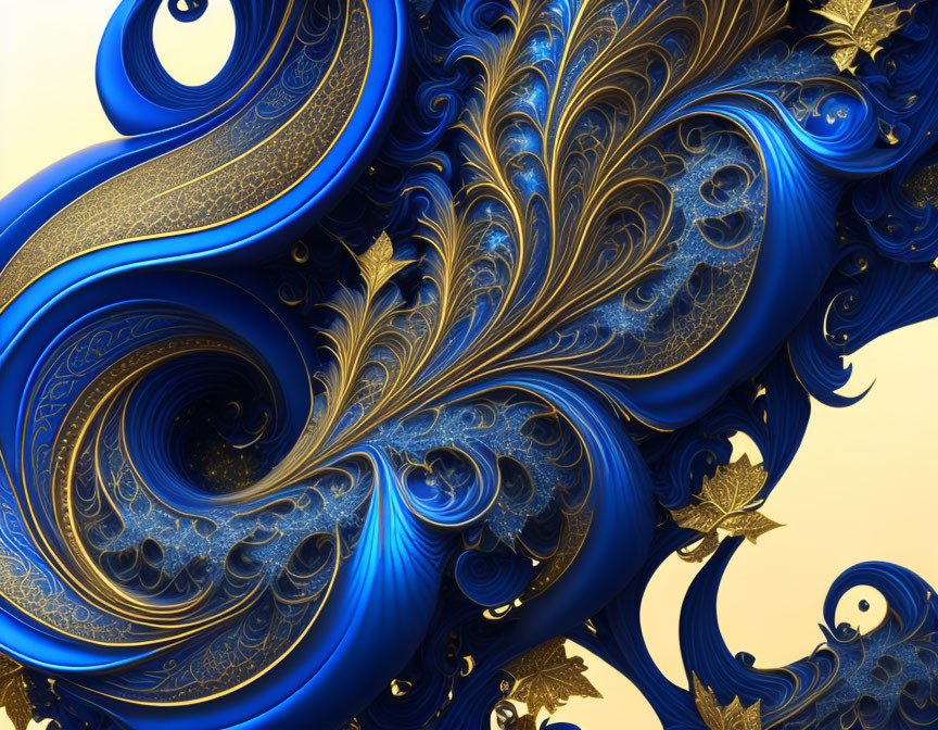 Luxurious blue and gold baroque patterns in intricate digital art