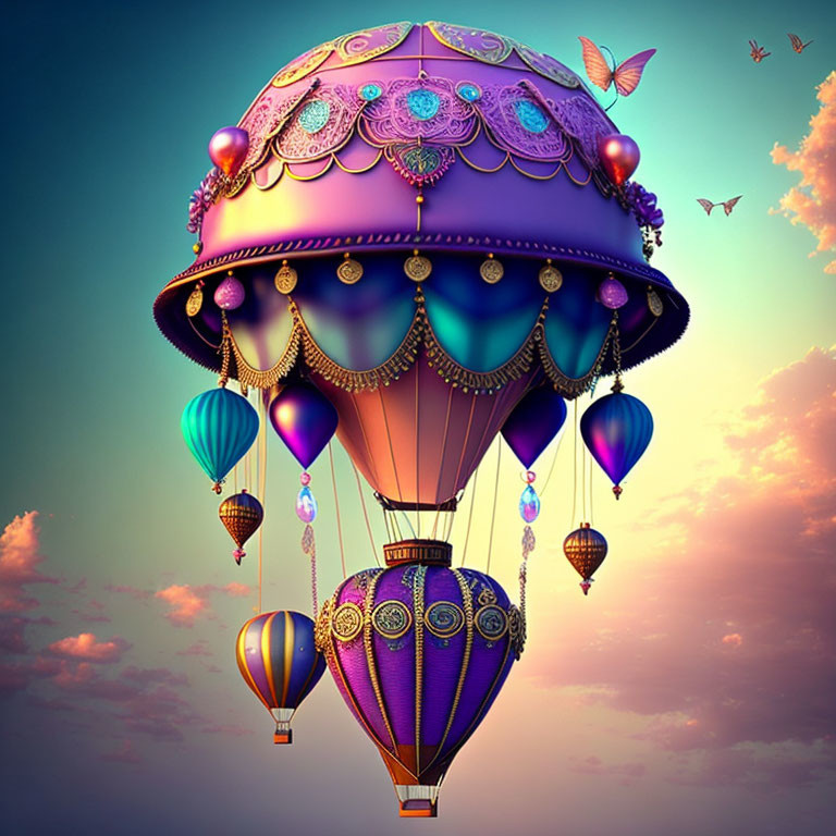 Colorful hot air balloon with intricate patterns in dreamy sky.