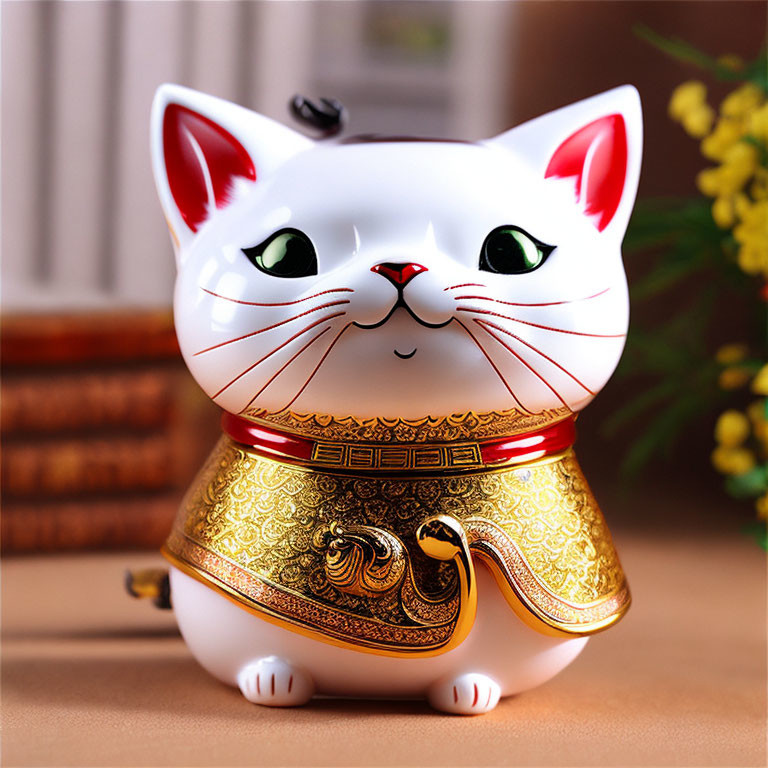 White Ceramic Maneki-neko Cat Figurine with Raised Paw and Red-Gold Adornments