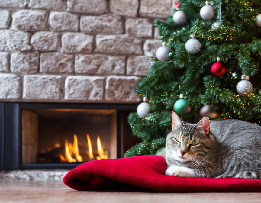 Cat resting by fireplace and Christmas tree on red blanket