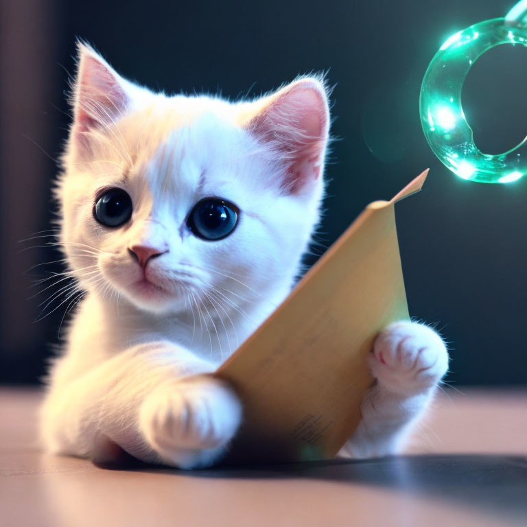 White Kitten Holding Book with Large Eyes and Bubbles Background