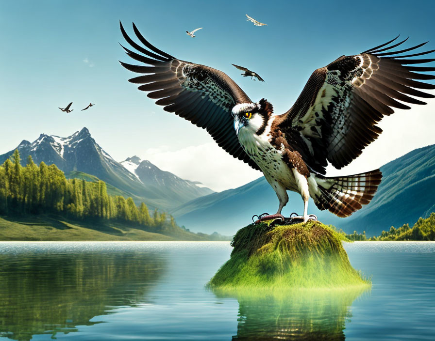 Osprey spreading wings on grassy islet by serene lake