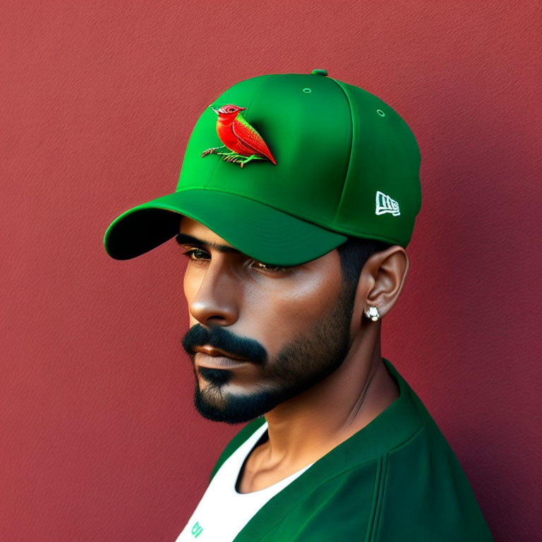 Bearded man in green cap with bird emblem on red background