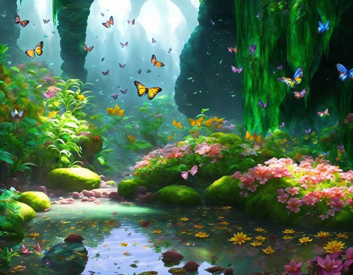 Mystical forest with lush greenery, colorful flowers, stream, butterflies