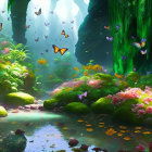 Mystical forest with lush greenery, colorful flowers, stream, butterflies