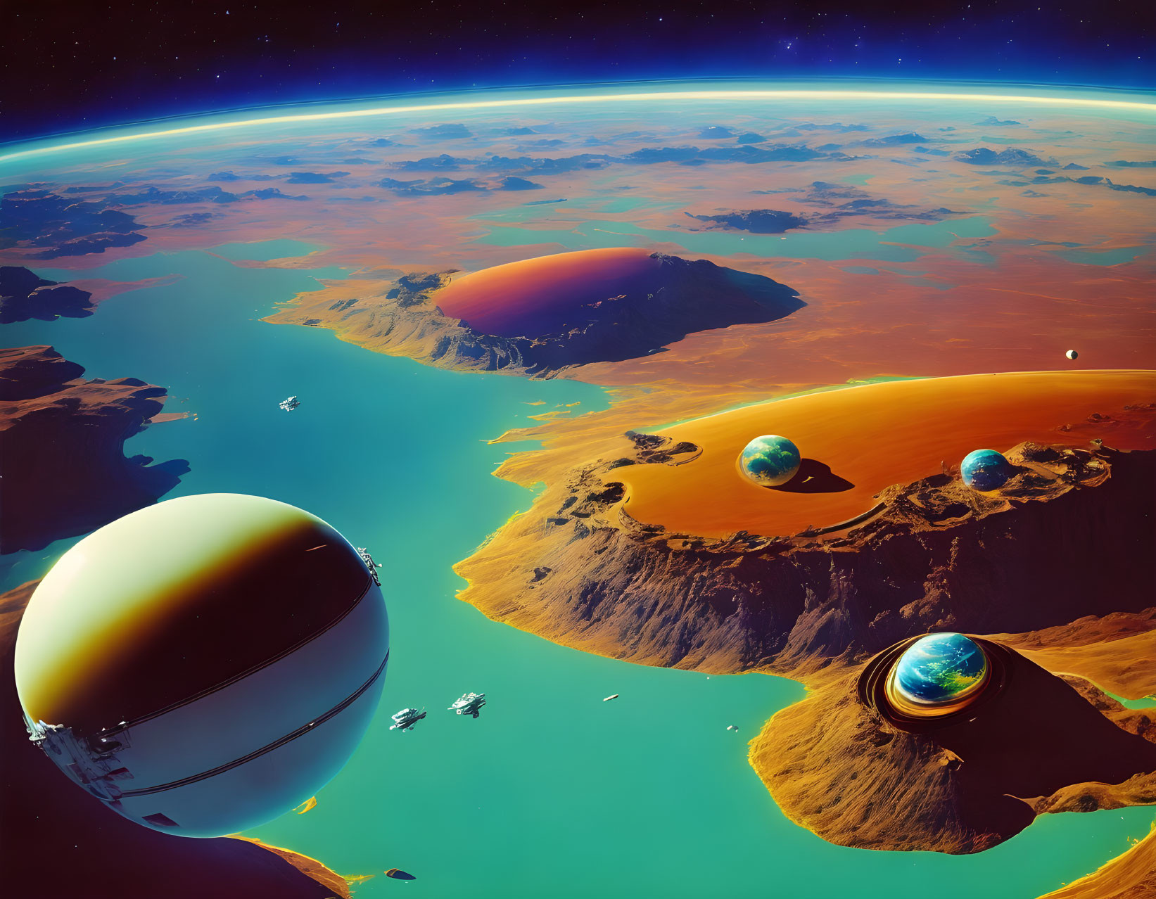 Surreal space scene with planets, desert horizon, and spaceships