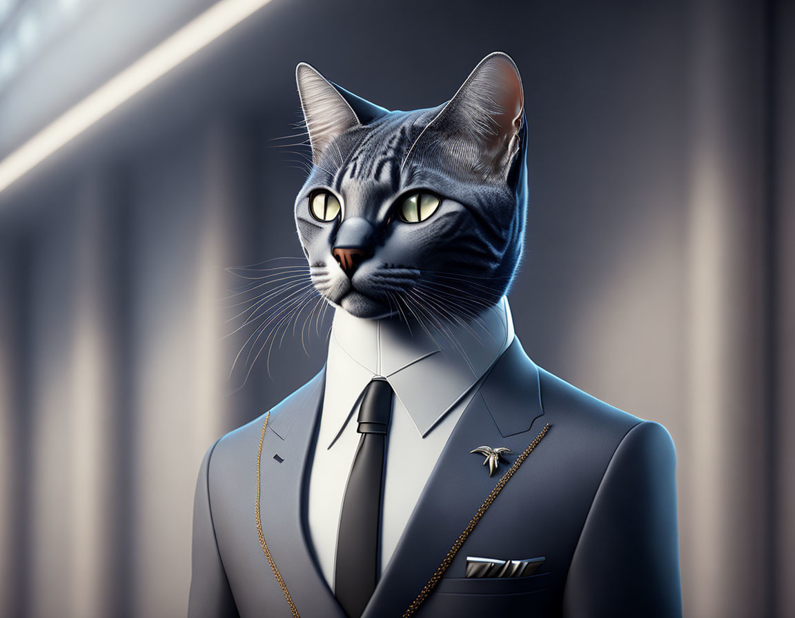 Cat with human body in stylish suit and tie with golden accessories.