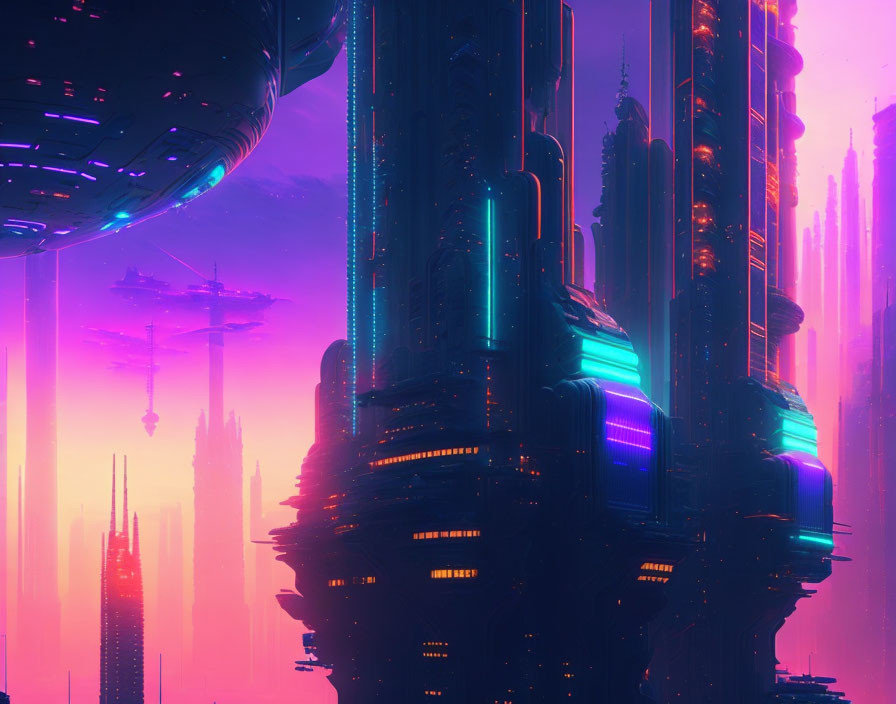 Futuristic neon-lit cityscape at dusk with skyscrapers and flying vehicles