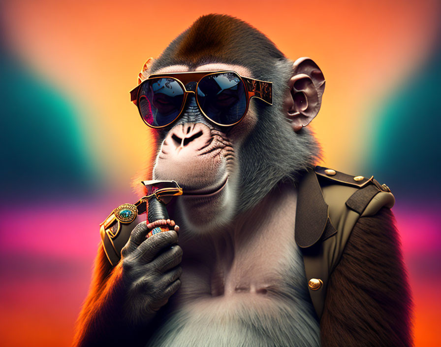 Baboon in Sunglasses with Leather Jacket and Lipstick on Colorful Background