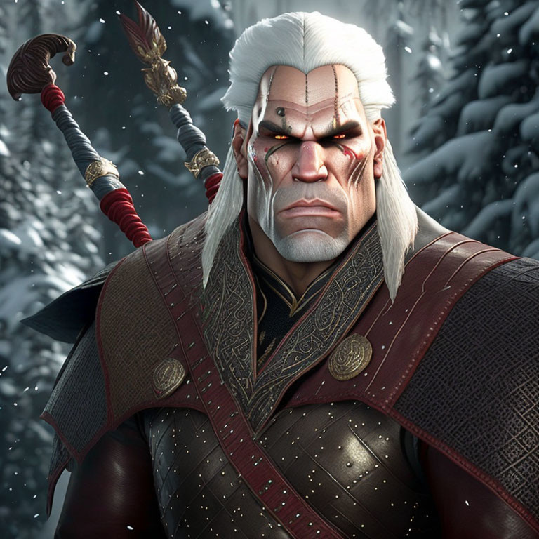 White-haired animated character with scar and staff in snowy setting