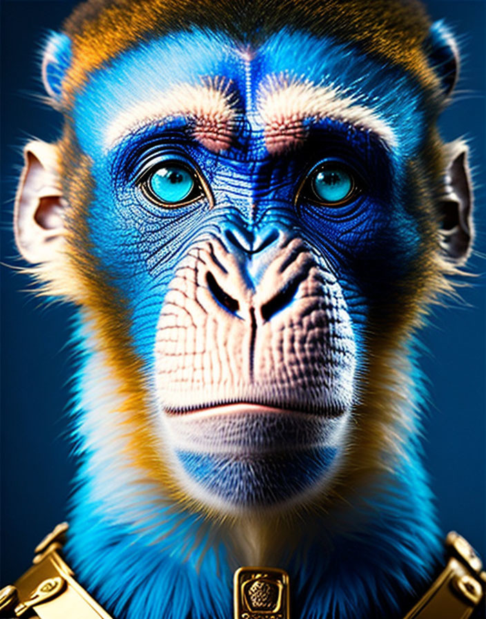 Mandrill with blue and red facial features and golden collar