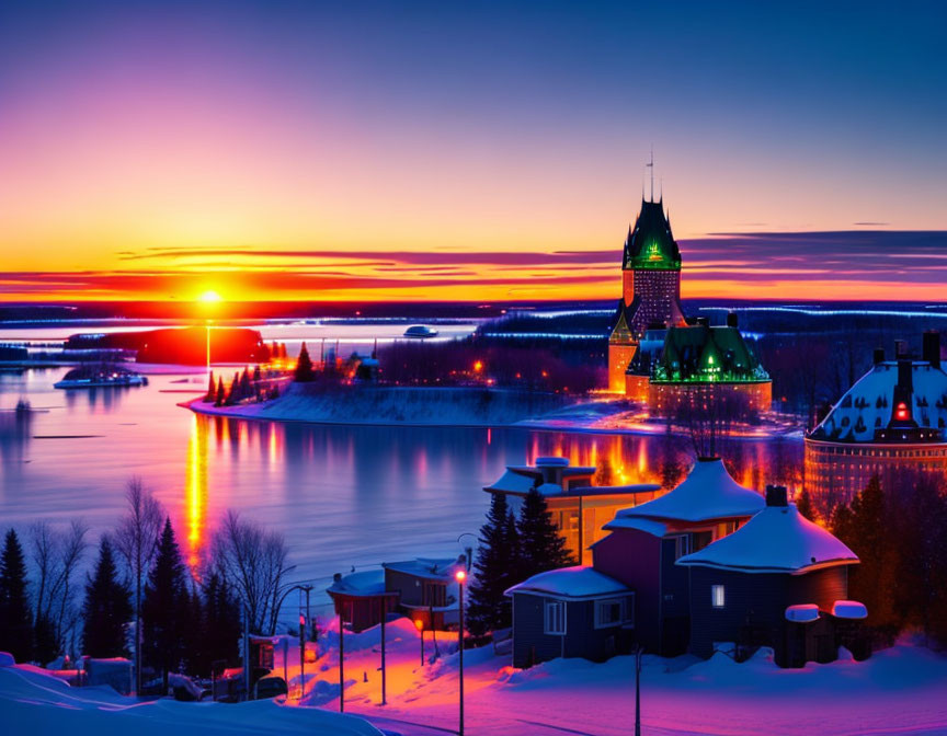 Colorful Winter Sunset Over Snow-Covered Chateau Landscape