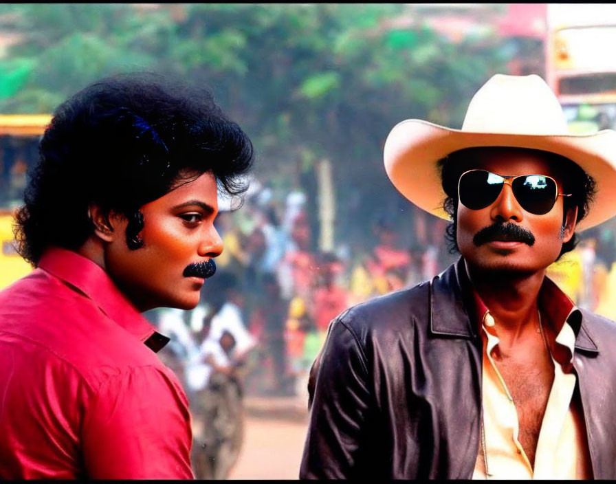 Two men with prominent mustaches in red shirt and cowboy hat with sunglasses in front of blurry crowd