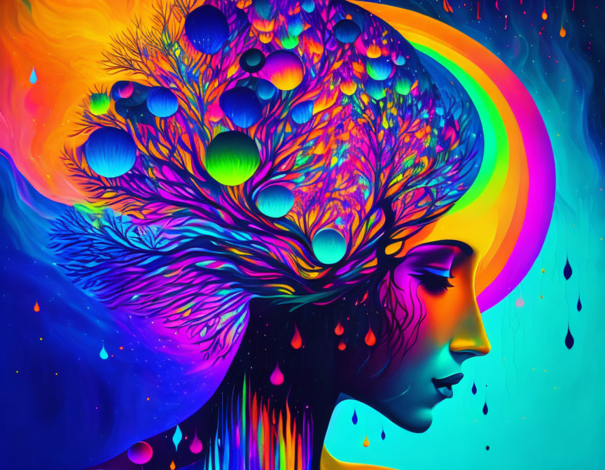 Colorful digital artwork: Woman profile with tree hair, spheres, rainbow, psychedelic background