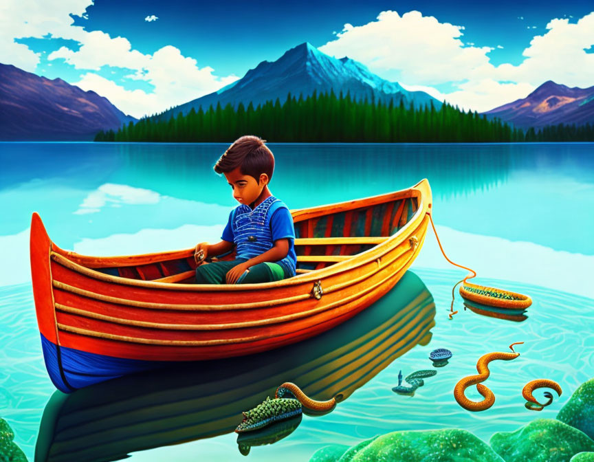 Boy in Vibrant Boat Surrounded by Mountains and Whimsical Underwater Scene