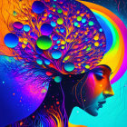 Colorful digital artwork: Woman profile with tree hair, spheres, rainbow, psychedelic background