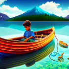 Boy in Vibrant Boat Surrounded by Mountains and Whimsical Underwater Scene