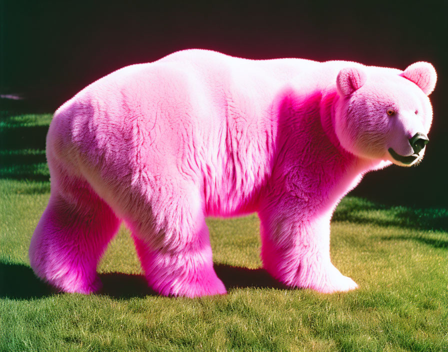 Pink bear on grassy field with dark background