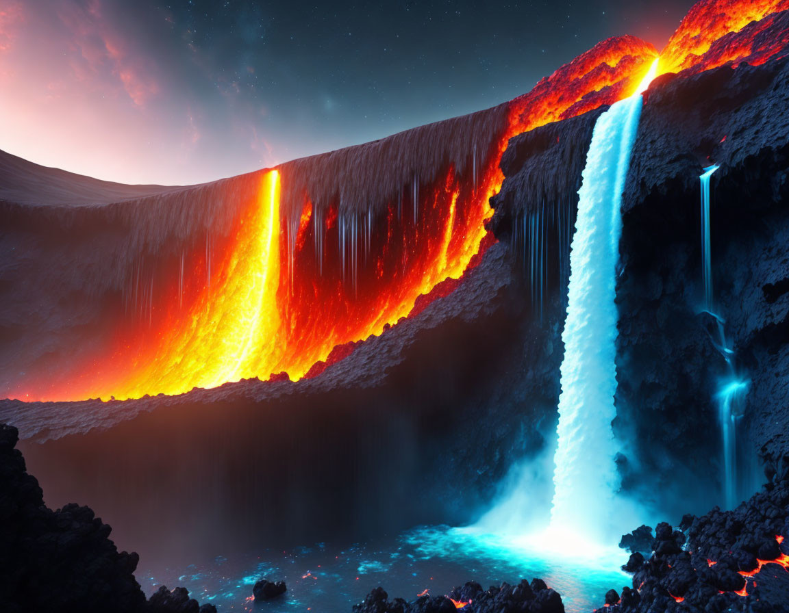 Surreal landscape with flowing lava and blue waterfall contrast