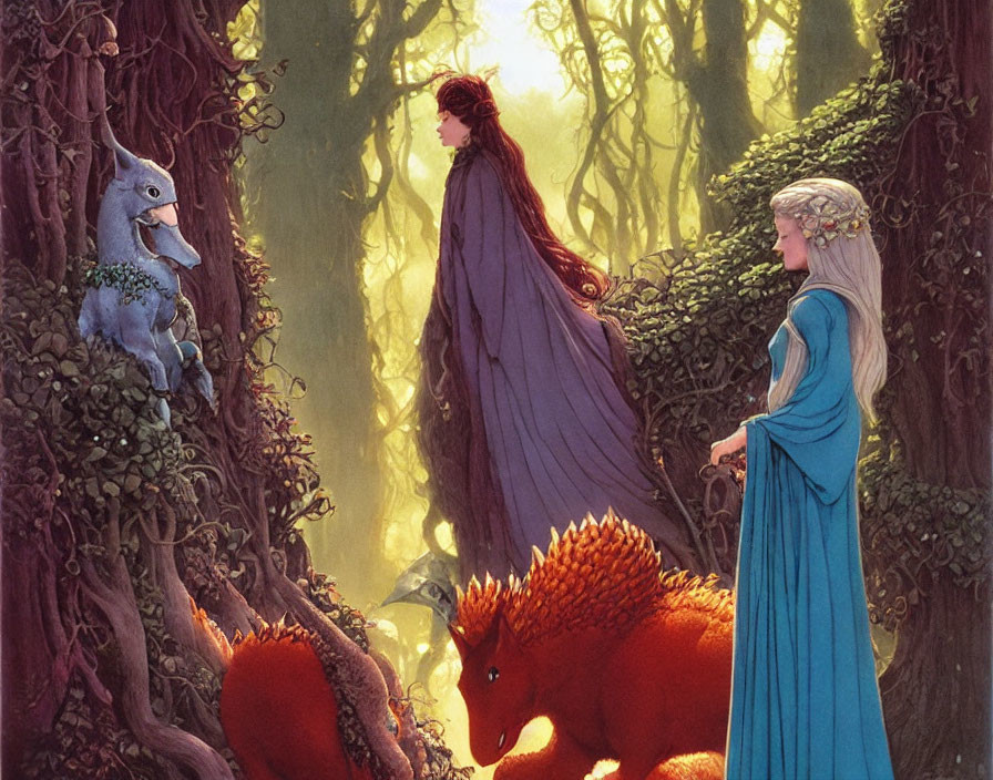 Fantasy forest scene with elegant women and mythical creatures