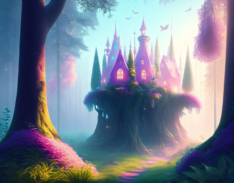 Enchanting castle on ancient tree in mystical forest with purple hues