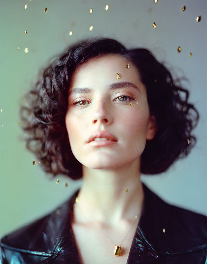 Woman with Short Curly Hair and Gold Leaf Makeup in Dark Jacket