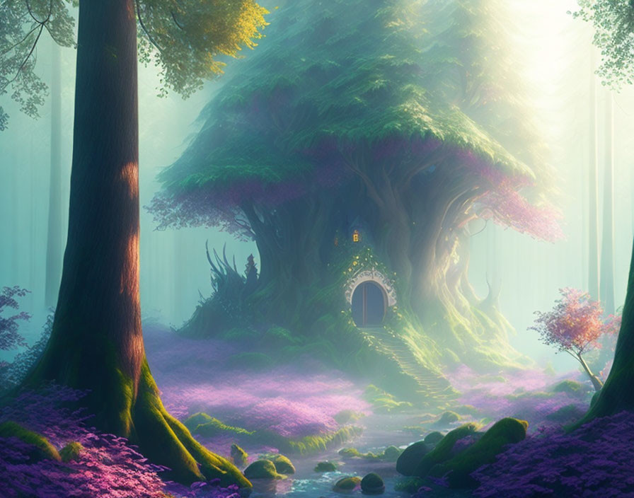 Mystical forest scene with large enchanted tree and purple flora