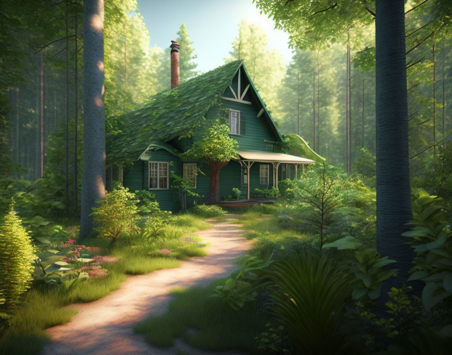 Green Cottage with Red Chimney in Sunlit Forest Clearing