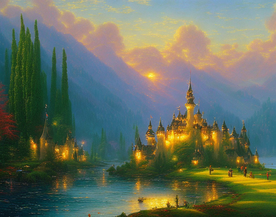 Serene sunset scene at enchanted castle by river