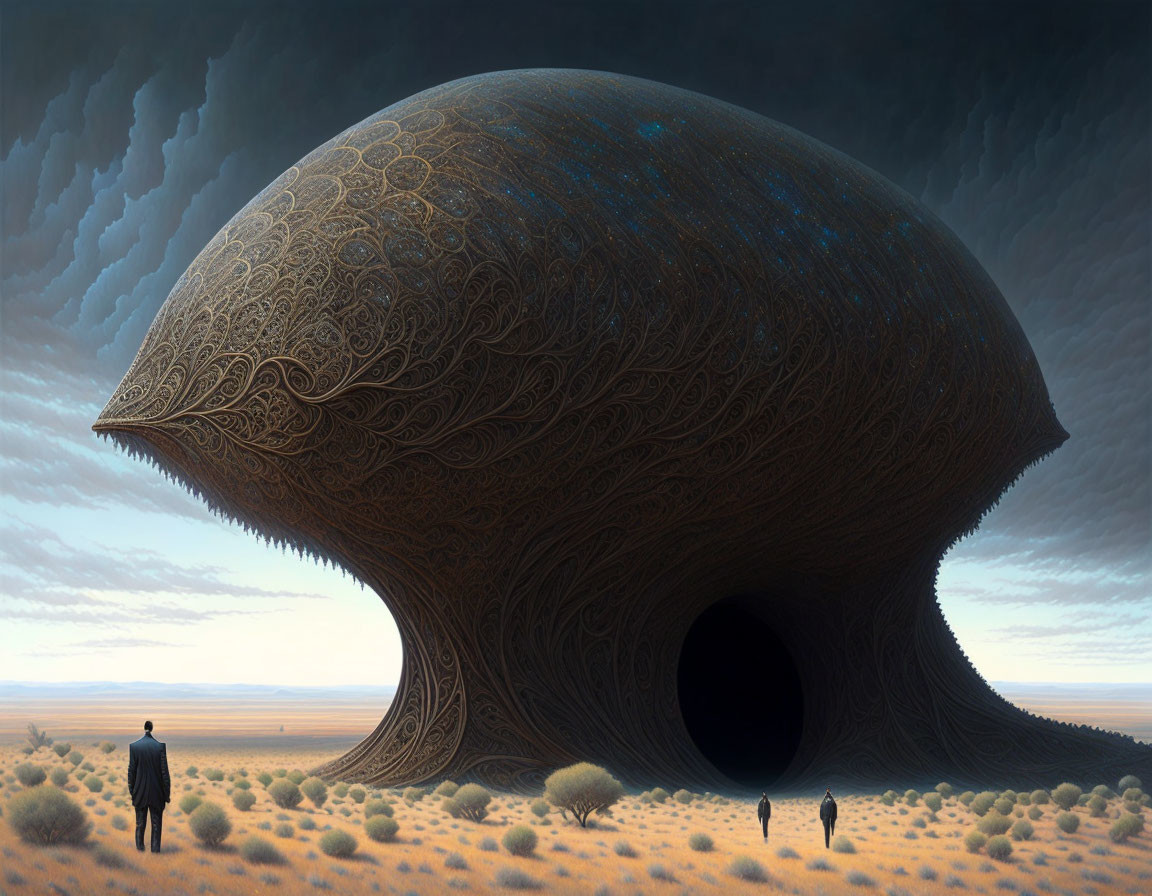 Massive ornate dome-like structure in sparse desert landscape