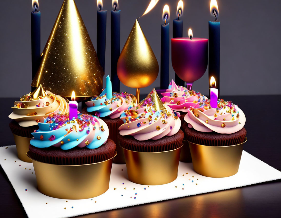 Vibrant cupcakes with candles and party hats on table